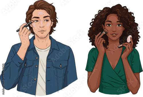 Makeup, beauty, grooming, self-expression, diversity, brush, mirror, face, character, illustration, icon, vector, style, fashion, care, white background