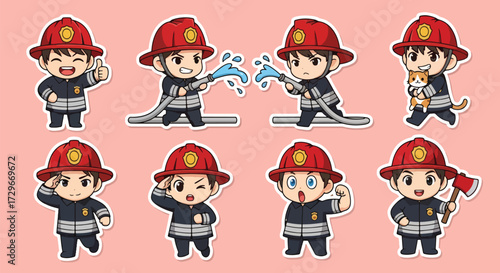 Adobe illustrator artwork vector illustration. A fun sticker set of cute firefighter characters in various action poses and emotions, perfect for emergency service themes