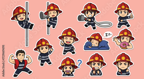 Adobe illustrator artwork vector illustration. A fun sticker set of cute firefighter characters in various action poses and emotions, perfect for emergency service themes
