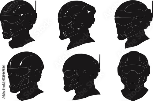Futuristic sci fi soldier helmet silhouette set, tactical combat armor headgear, cyberpunk military mask, space warrior protection design illustration