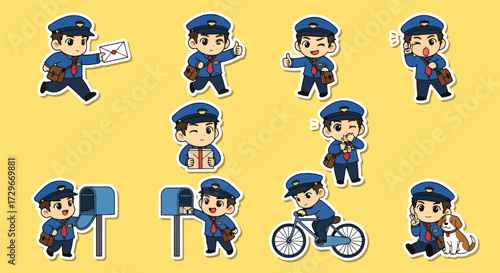 Adobe illustrator artwork vector illustration. A set of cute postman character stickers showing various emotions and actions related to mail delivery, perfect for communication designs