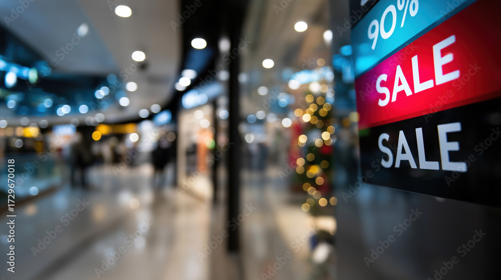Fototapeta premium Sale signs attract shoppers in a busy mall during holiday season