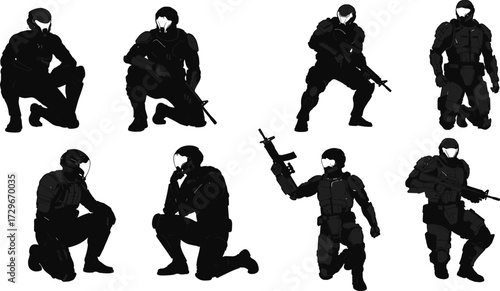 Futuristic soldier silhouette set, military commando with armor, tactical special forces holding rifles, combat warrior illustration, sci-fi army character design