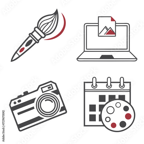 Creative process icons brush, laptop, camera, and calendar representing different aspects of design, photography, and scheduling in a modern style