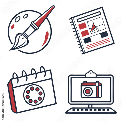 Creative design icons brush, notebook, calendar, and computer representing different aspects of design, photography, and scheduling in a modern style