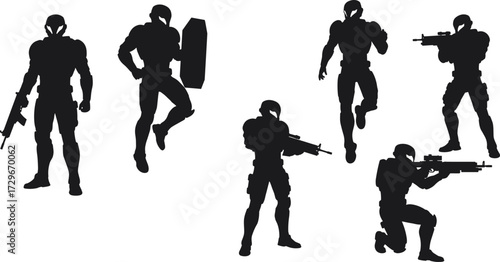 Futuristic soldier silhouettes with weapons, sci fi commando in action poses, tactical army fighter, military combat warrior illustration design set
