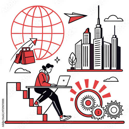 Illustration of a woman working remotely with a global network, symbolizing international business and digital nomadism connectivity and productivity