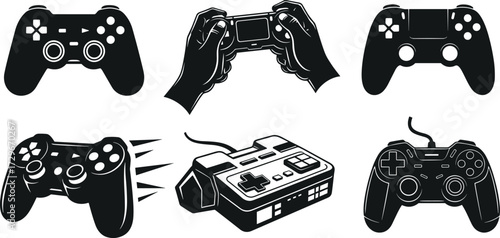 Game controller silhouette set, retro joystick design, modern gaming device, vector illustration, esports equipment, video game technology, console accessory