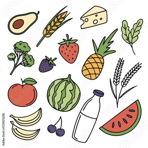 A vibrant assortment of nutritious foods, including fruits, vegetables, grains, and dairy, , promoting healthy eating and a balanced diet