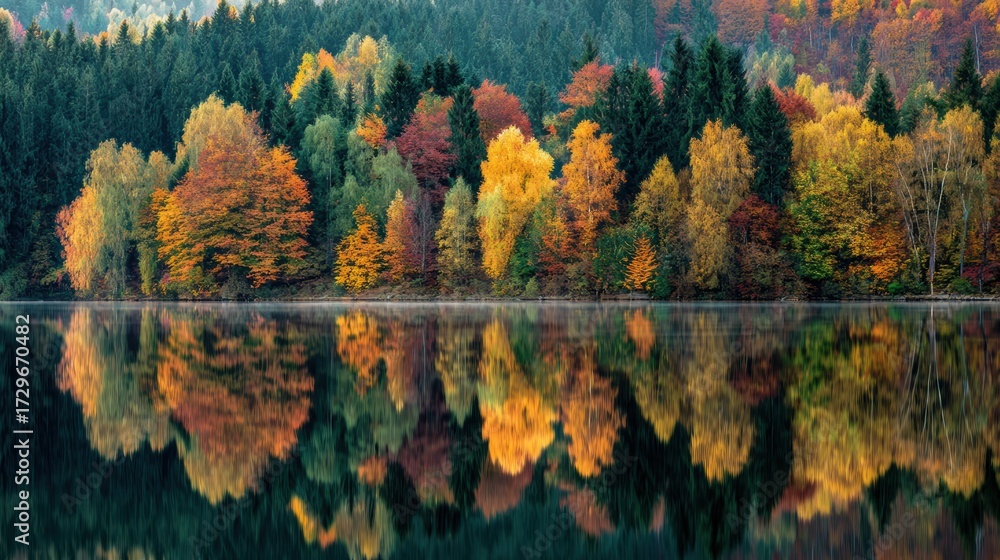 Obraz premium Stunning autumn landscape featuring colorful trees reflected in a serene lake, creating a picturesque scene.