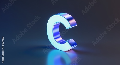 3D Render of a Glowing Letter C with a Reflective Surface, Illuminated and Isolated on a Dark Background