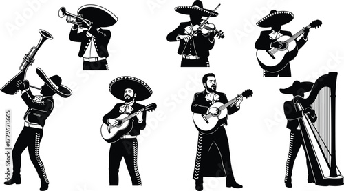 Mexican Mariachi band playing traditional instruments, musicians in sombreros performing music with guitar, trumpet, harp, violin and guitarrón illustration