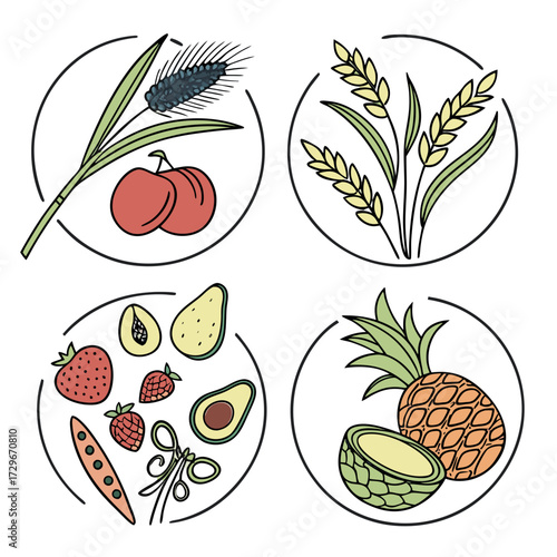 A collection of glutenfree food icons, including wheat, rice, strawberry, avocado, pineapple, and other fruits and vegetables