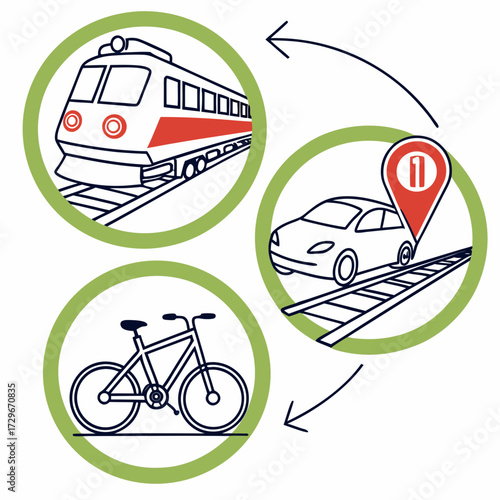 Illustration of train, car, and bicycle in a circular pattern, representing sustainable transportation options and ecofriendly commuting