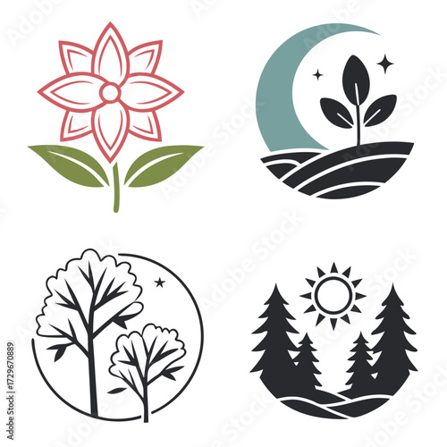 Four natureinspired logos featuring a flower, a moonlit landscape, trees in a circle, and a forest with the sun, creating a harmonious and natural aesthetic