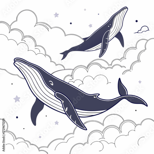 Two majestic whales gracefully swimming among fluffy clouds and twinkling stars, , creating a whimsical and dreamy illustration