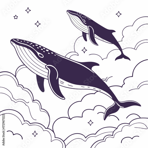 Whimsical illustration featuring two whales gracefully soaring through fluffy clouds, surrounded by twinkling stars, creating a dreamy and enchanting atmosphere