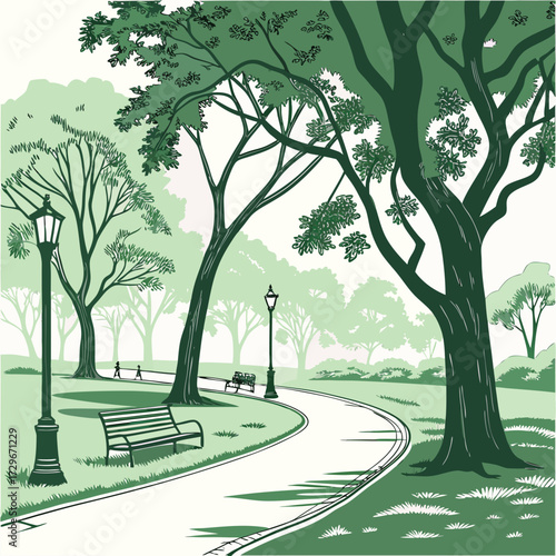A serene park scene with a winding path, lush green trees, and inviting benches, , creating a peaceful and relaxing atmosphere for viewers