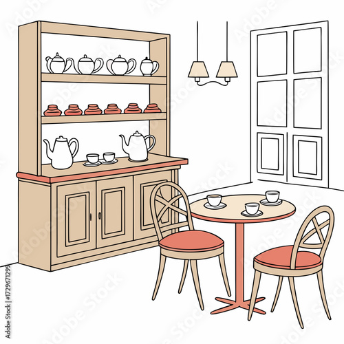 Charming tea room interior illustration, featuring a hutch filled with teapots and cups, a table with chairs, and a window, perfect for cafe themes