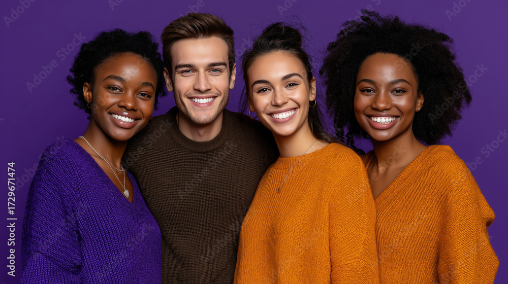 Fototapeta premium Group of friends smiling together against a purple backdrop