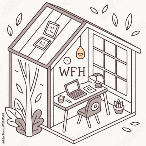 Stylish shed office with a laptop, desk, and window, surrounded by greenery, a comfortable space for working from home