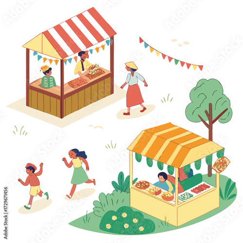 Isometric farmers market with vendors, customers, and children playing vibrant scene of community and commerce