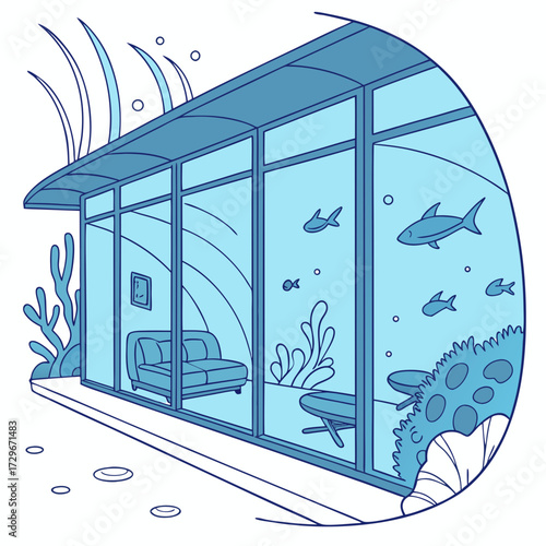 A modern underwater building with marine life, featuring a cozy interior view with a sofa and artwork, blending architecture with an aquatic environment, creating a serene scene