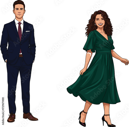 Man, woman, standing, full length, illustration, dress, suit, confident, smile, vector, character, elegant, attire, professional, style, white background
