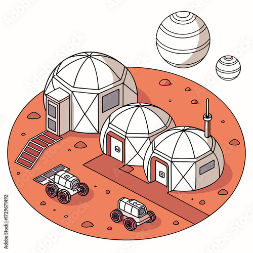Isometric mars colony with habitat domes, rover vehicles, and planetary spheres, a futuristic outpost on the red planet in a minimalist style