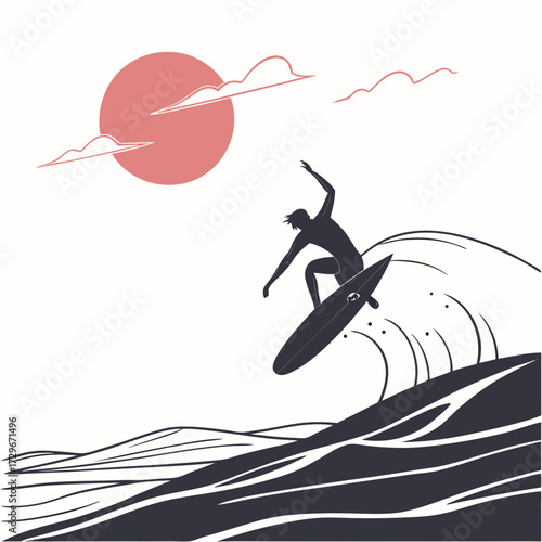 Silhouette of a surfer riding a wave under a setting sun, a dynamic scene of extreme sport and ocean adventure in a minimalist style