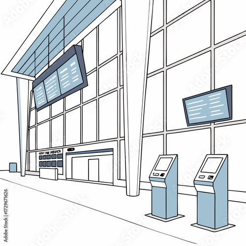 Illustration of a modern airport terminal interior with flight information displays, selfservice kiosks, and large windows, capturing the bustling atmosphere of travel and technology