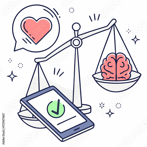 Illustration of a balance scale with a heart and brain, representing emotional and rational intelligence, a phone is also present