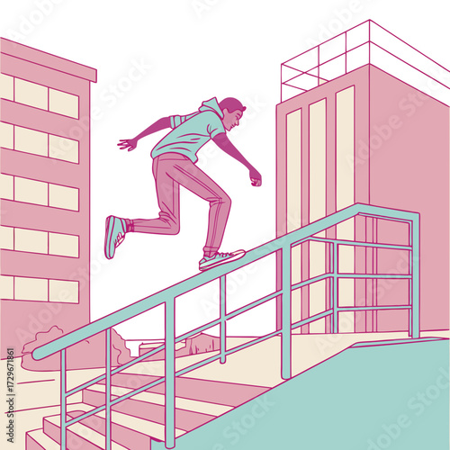 A young man in casual clothes is performing a parkour stunt on a city street, jumping over a railing with buildings in the background in a stylized illustration