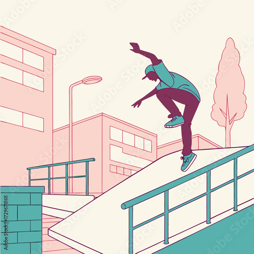 A dynamic illustration captures a skateboarder performing a trick on a ramp in an urban setting, showcasing skill, style, and the energy of street sports