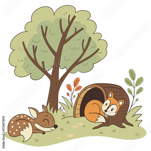A cute fawn and squirrel are sleeping under a tree in a forest, depicted in a charming cartoon illustration with a soft color palette