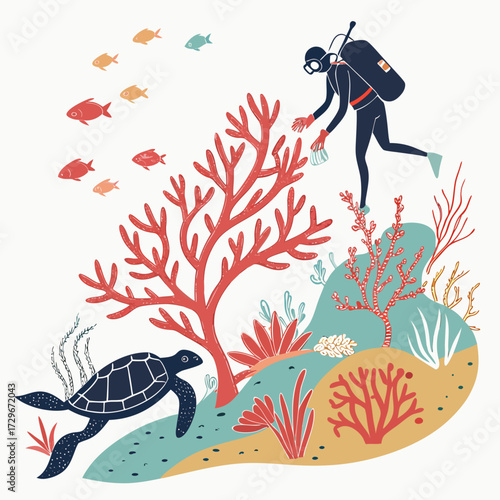 A diver is planting coral to restore the reef, a turtle swims by, and fish swim above in this colorful illustration