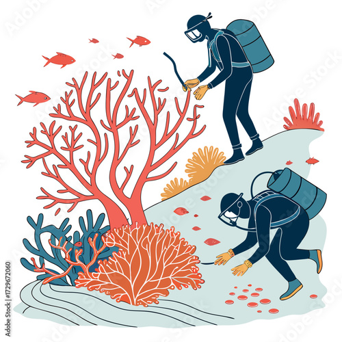 Underwater scene featuring scuba divers exploring vibrant coral reefs, highlighting marine life and conservation efforts, represents ocean exploration and preservation