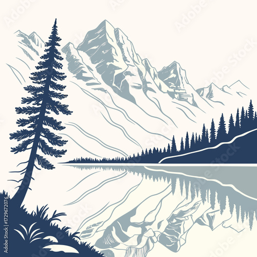 A breathtaking mountain landscape with a pristine lake mirroring the towering peaks and dense forest, creating a stunning vista the lone pine tree stands tall