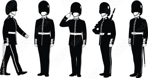 Royal guard illustration in traditional uniform, British soldier standing, ceremonial marching, armed forces security, palace protection, military heritage, London iconic guards