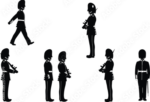 Royal guard illustration set, traditional British soldiers in uniform, ceremonial palace security, marching guards with rifles, London army heritage, military tradition