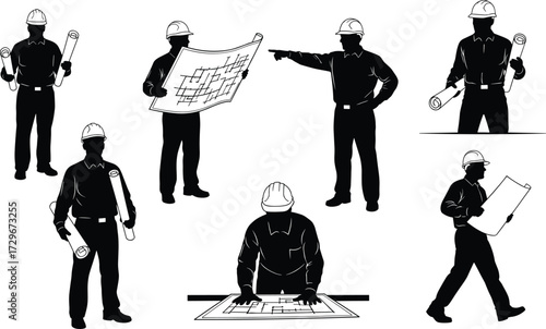 Silhouette construction workers with hard hats holding blueprints, architectural drawings, engineering plans, project management teamwork, building design planning illustration