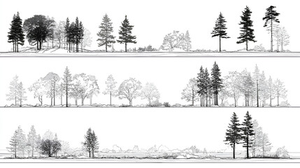 Architectural Drawings, Minimal style cad tree line drawing, Side view, set of section wetland forest outline for landscape design drawing. Vector illustration in seperate element Stock Vector