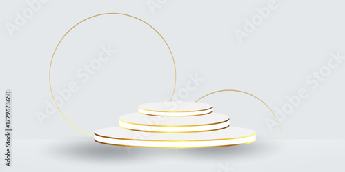 Realistic white 3D cylindrical podium background with floating overlap circles gold lines. Minimalist mockup pedestal, abstract product display presentation, Stage showcase. Platforms vector design.