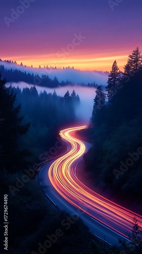 Misty mountain road at dusk with streaking car lights and dramatic sunset sky