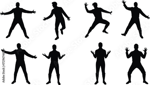 Silhouette of men posing with expressive body gestures, dramatic dance movements, performance art, shadow figures, isolated on white background illustration