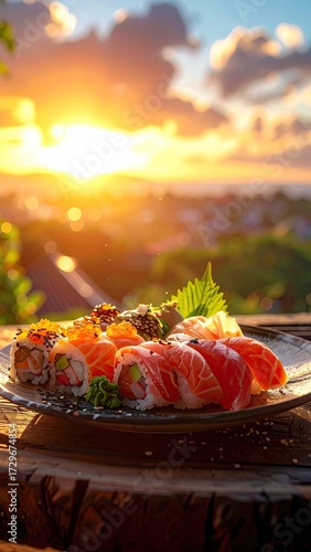 Assorted Sushi Rolls Plate in Vivid Sunset Background with Avocado Salmon and Orange Topping