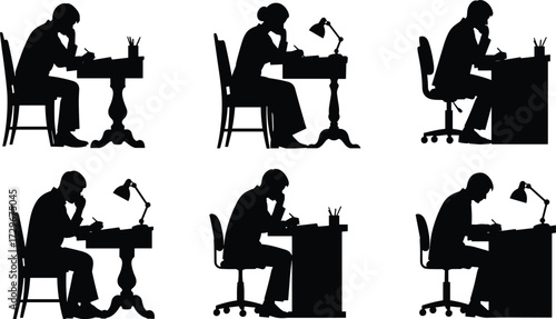 Silhouette of students studying at desk, writing notes, focused reading, table lamp, office desk work, learning, concentration, education illustration