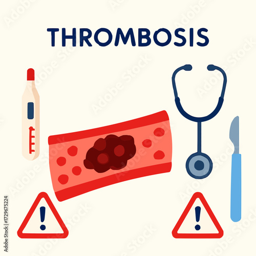 A flat vector illustration of a blood vessel with a thrombosis clot, surrounded by medical tools in a clean style