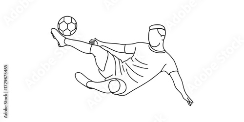 Line art illustration of a soccer player performing a bicycle kick with a football, representing sports action, competition, teamwork, fitness, and athletic lifestyle.