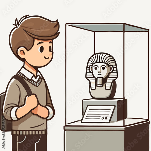 Illustration of a young person observing an ancient Egyptian statue in a glass display case at an art museum